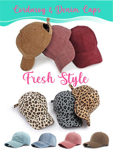 Wholesale fresh styles of Corduroy and Denim Caps at Red To Purple wholesale