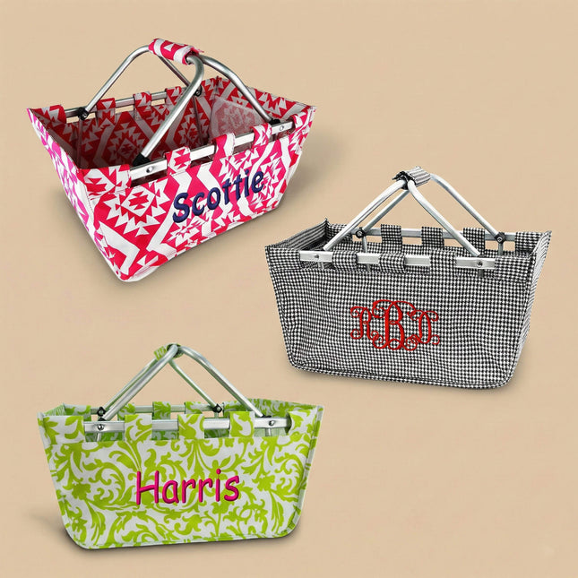 Three patterned market totes with monogrammed names on a light green background