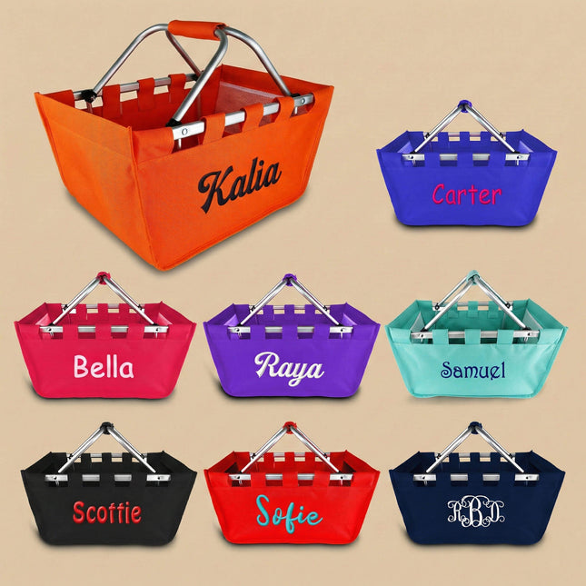 Set of personalized large market totes in various colors with names on a beige background