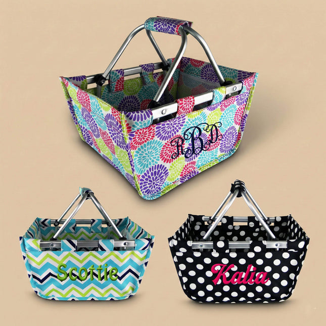 Three personalized shopping baskets with patterns of Black / White polka dots, Bloom and Boy's chevron
