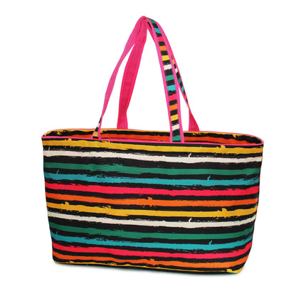 Large rainbow stripes printed waterproof carryall tote bag from Red To Purple Wholesale, ideal for shopping and beach use.
