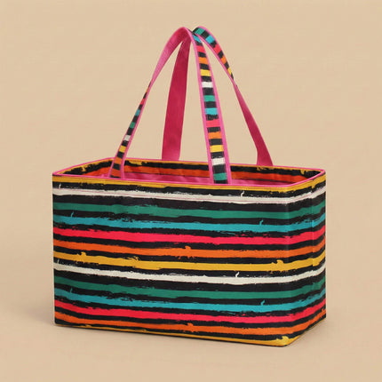 Large rainbow stripes printed waterproof carryall tote bag from Red To Purple Wholesale, ideal for shopping and beach use.