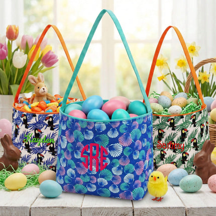 Red To Purple personalized Easter Buckets with Blue Shells and Toucan Birds prints.