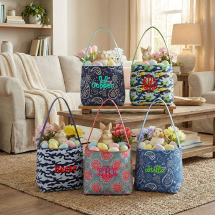 Red To Purple personalized Easter baskets in camo, paisley, and floral patterns, monogrammed with names and styled in a cozy living room with bunny decorations.