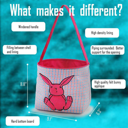 wholesale seersucker bunny applique easter buckets for kids egg hunts. Size 9.1"Lx6.3"Wx8.8"H