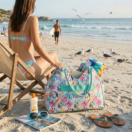 Woman on a beach with a painted floral beach bag, sunglasses, and sunscreen