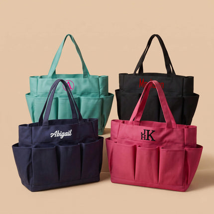 Wholesale multi-pocket organizer tote bags with custom monogram embroidery