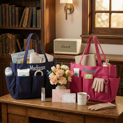 Two organizer tote bags, one navy and one pink, on a wooden surface with various items.