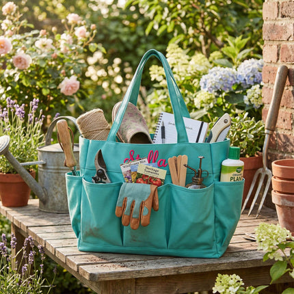 Mint gardening tote bag filled with tools and supplies on a wooden table in a garden setting.