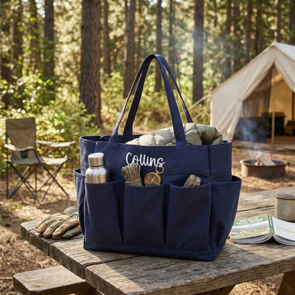 Navy blue organizer tote bag with 'Collins' embroidery on a wooden table in a forest setting with a tent and chair.