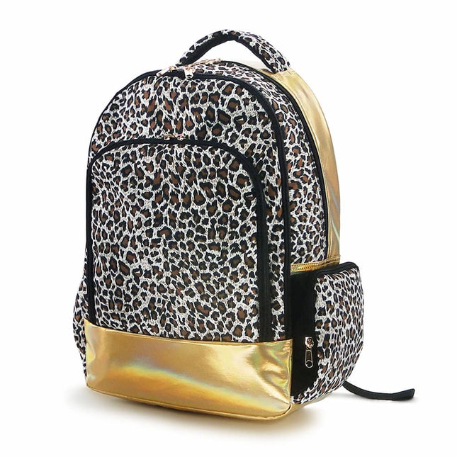 wholesale classic school backpack with leopard pattern / gold PU trim