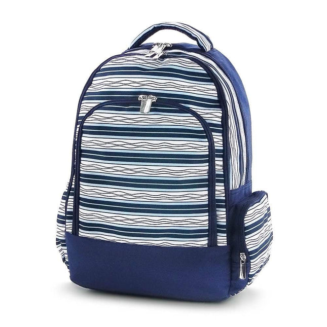 Classic school backpack from Red To Purple Wholesale featuring a navy wave stripes print with navy trim, ideal for students