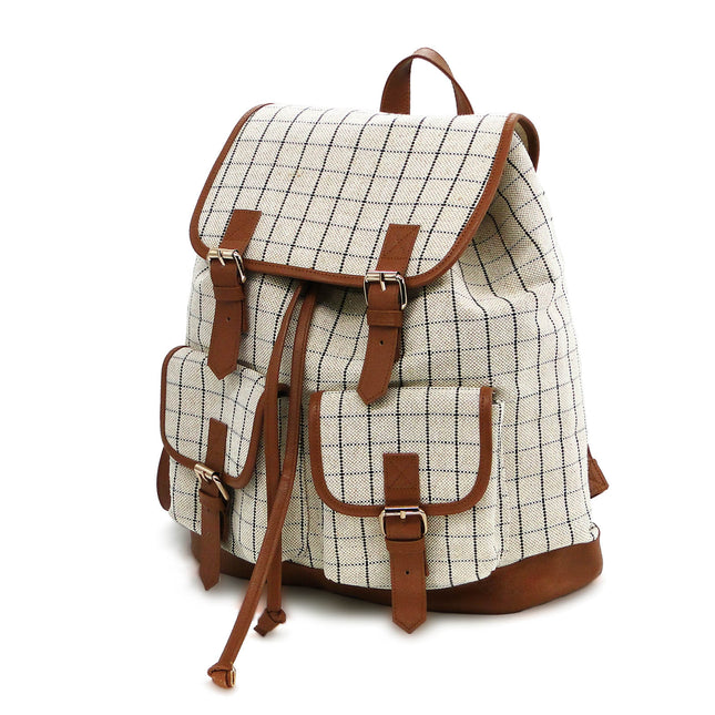 K205 Vintage Grid Pattern Canvas Drawstring Flap Backpack for Wholesale