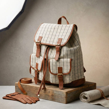 K205 Vintage Grid Pattern Canvas Drawstring Flap Backpack for Wholesale. Monogrammable