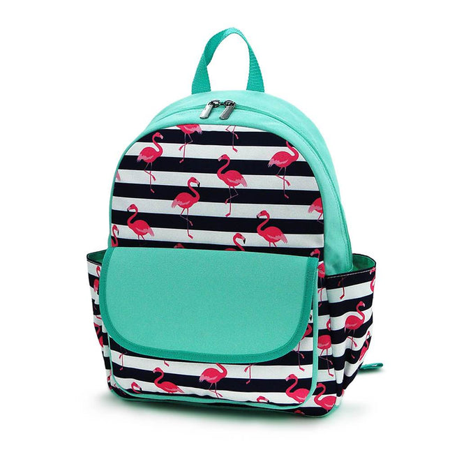 Wholesale preschool backpack with flamingo and stripe print, featuring mint trim

