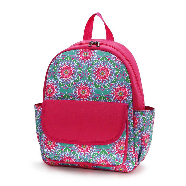 Wholesale preschool backpack with hot pink medallions print, featuring hot pink trim