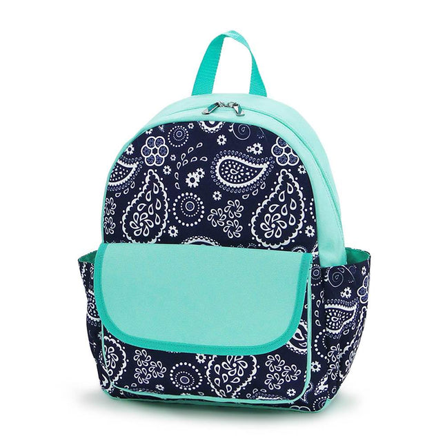 Wholesale preschool backpack with navy-white paisley print, featuring mint trim