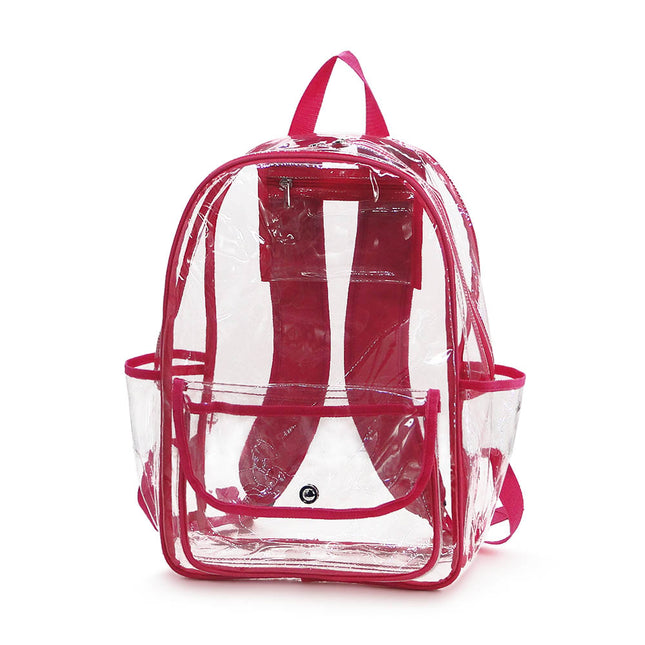 Wholesale clear backpack with clear flap and hot pink trims for school and travel