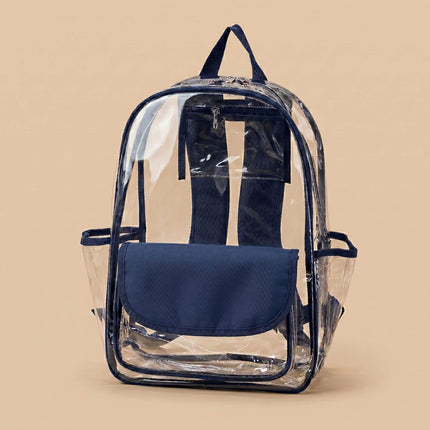 Wholesale clear backpack with navy  flap and trims for school or stadium use