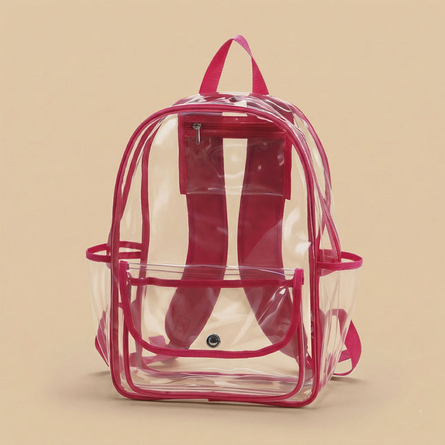 Wholesale clear backpack with clear flap and hot pink trims for school and travel