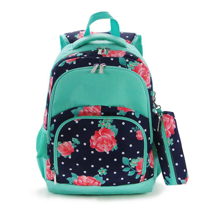Wholesale Comfort School Backpack from Red To Purple Wholesale, featuring Peony floral printed fabric with mint trims, ideal for everyday use.
