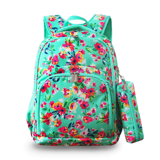 Wholesale comfort backpack 2pcs set with pencil case for school, featuring flowers on mint background