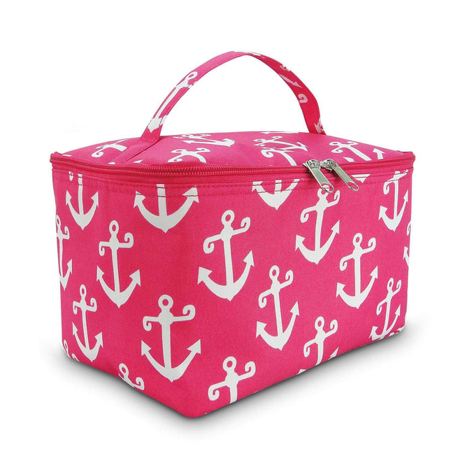 Wholesale large cosmetic bag with hot pink-white anchors print for travel and makeup