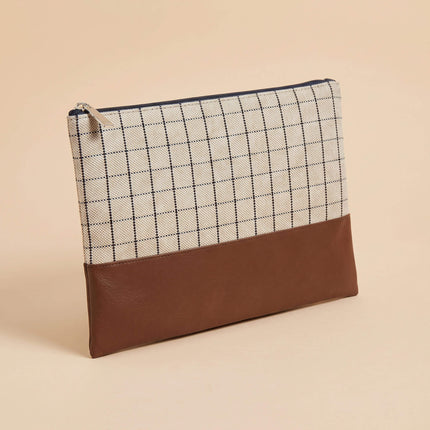 Wholesale envelope pouch with white-black grids and brown PU trim for daily using