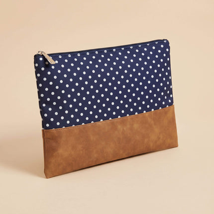 Wholesale envelope pouch with navy polka dots and old look PU trim for daily using