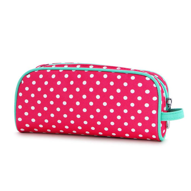 Wholesale portable pencil case with hot pink-white polka dots print and mint trim for school