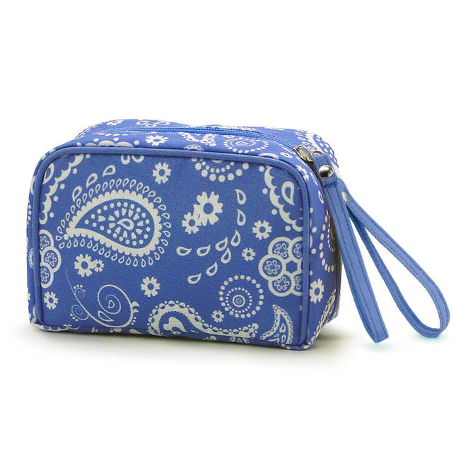Wholesale wristlet cosmetic bag with white paisley print on blue, compact for daily essentials