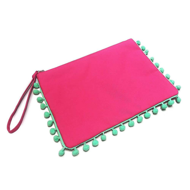 Wholesale pom-pom wristlet clutch, solid pink with mint pom-pom trim for parties