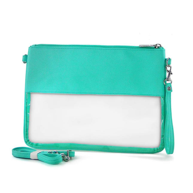 Wholesale clear wristlet pouch with solid mint trim, stylish for events and daily use