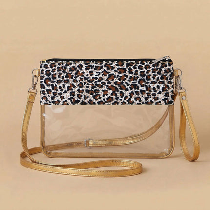 Wholesale clear wristlet pouch with leopard print and gold trim, stylish for events and daily use