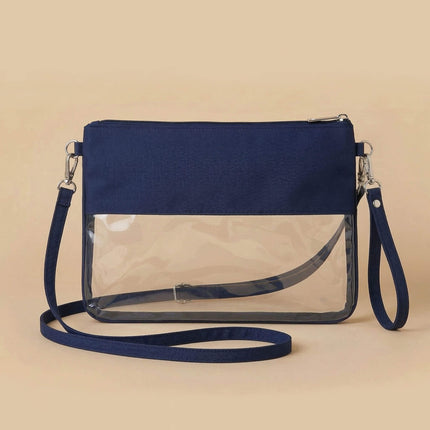 Wholesale clear wristlet pouch with solid navy trim, stylish for events and daily use