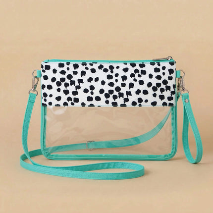 Wholesale clear wristlet pouch with spotty dots print and mint trim, stylish for events and daily use