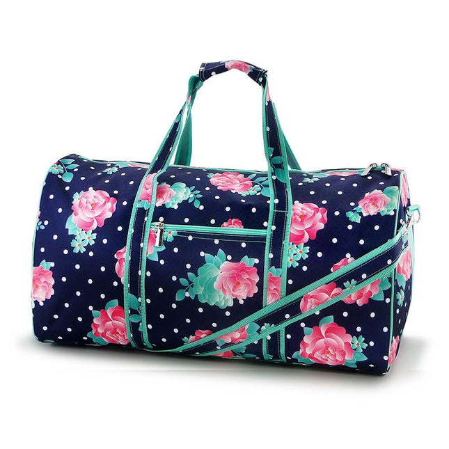 Wholesale large duffel bag with peony and navy-white dots print, featuring mint trims.