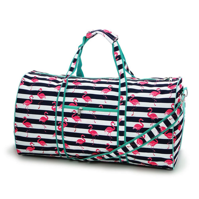 wholesale large duffel bag with stripes-flamingos print and mint trims
