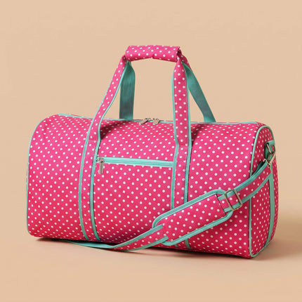 wholesale large duffel bag with hot pink-white polka dots pattern and mint trims