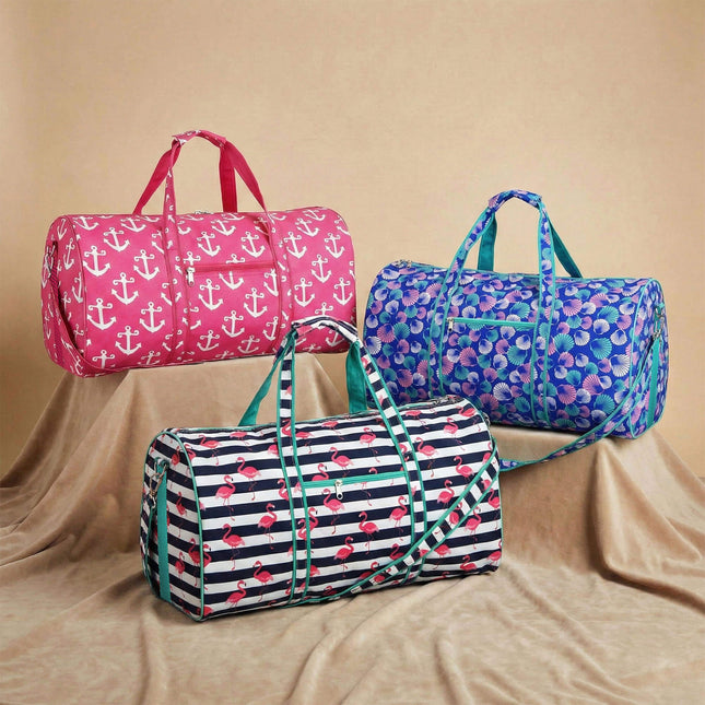 Wholesale flamingo, shells and pink anchors printed duffel bags at red to purple wholesale