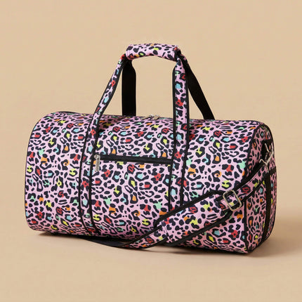 wholesale large duffel bag with light pink background with colored leopard pattern and black trims