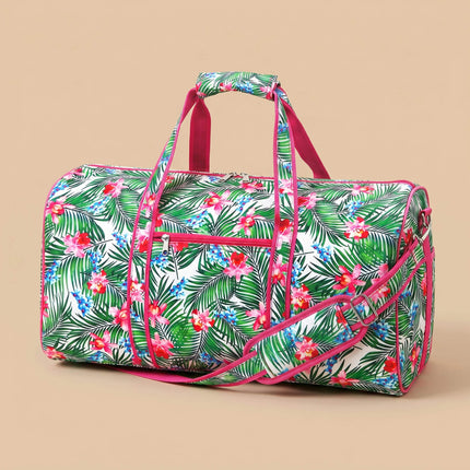 Wholesale large duffel bag with cymbidium print, featuring hot pink trims.