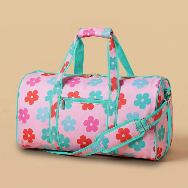 wholesale pink large duffel bag with daisy print and mint trims