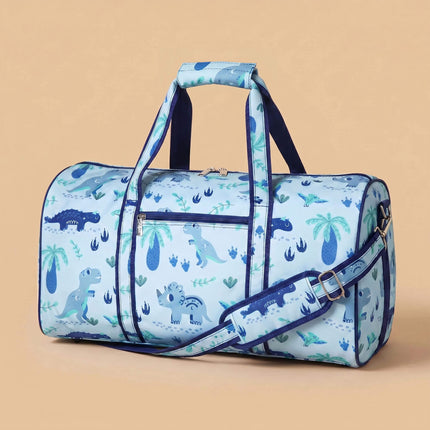 wholesale light blue large duffel bag with rawrsome print and navy trims