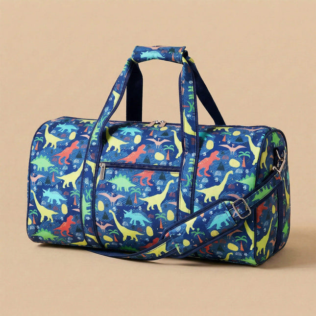 A multicolored duffel bag with a dinosaur pattern, and detailed designs in multiple colors, with zipper top closure and shoulder straps.