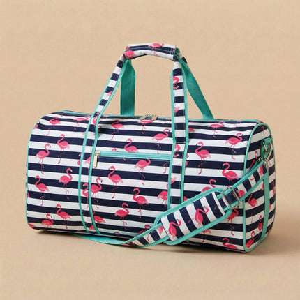 wholesale large duffel bag with stripes-flamingos print and mint trims