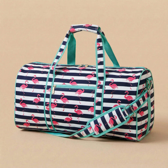 wholesale large duffel bag with stripes-flamingos print and mint trims