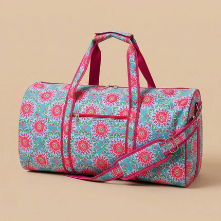 Wholesale large duffel bag with hot pink medallions print, featuring hot pink trims.
