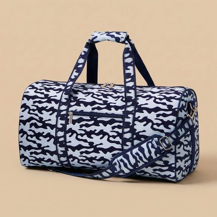 wholesale large duffel bag with navy-white camo pattern and navy trims