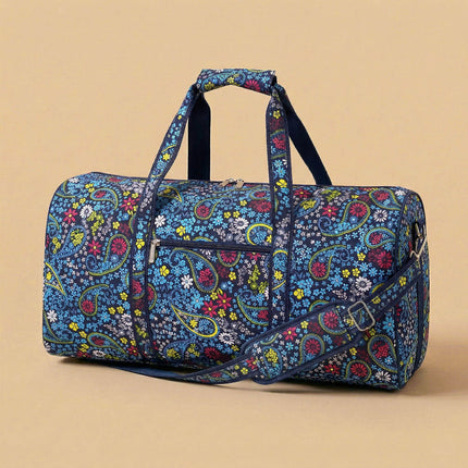 Wholesale large duffel bag with navy paisley print, featuring navy trims.